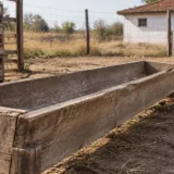 Iesle din lemn goală într-o curte de animale părăsită