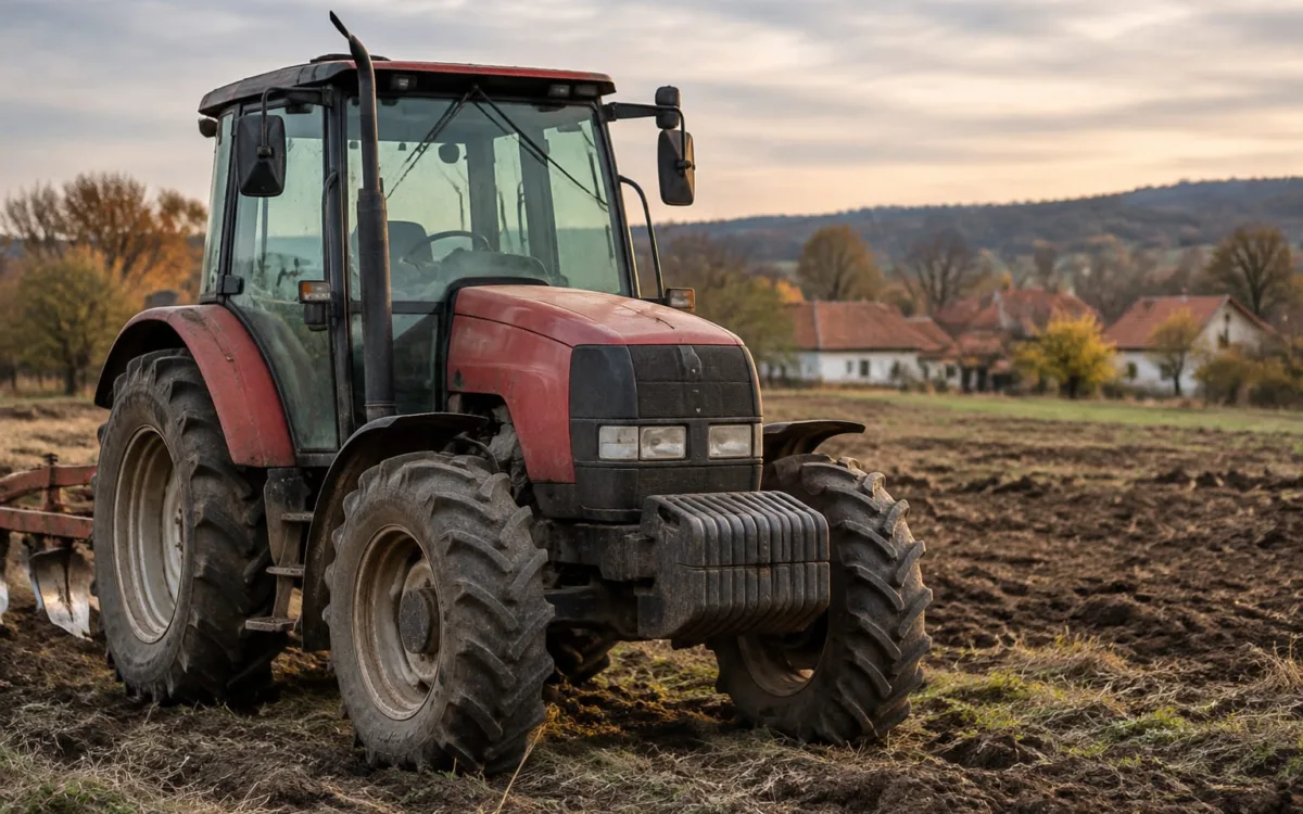 Tractor agricol pe un câmp pregătit pentru însămânțare într-o zonă rurală