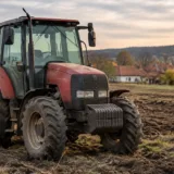 Tractor agricol pe un câmp pregătit pentru însămânțare într-o zonă rurală