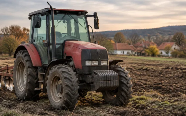 Tractor agricol pe un câmp pregătit pentru însămânțare într-o zonă rurală