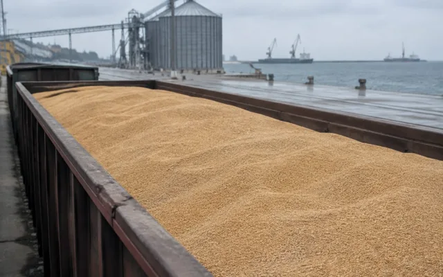 Vagoane încărcate cu cereale într-un terminal portuar pentru export