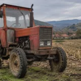 Tractor agricol staționat pe un câmp la finalul sezonului de recoltă