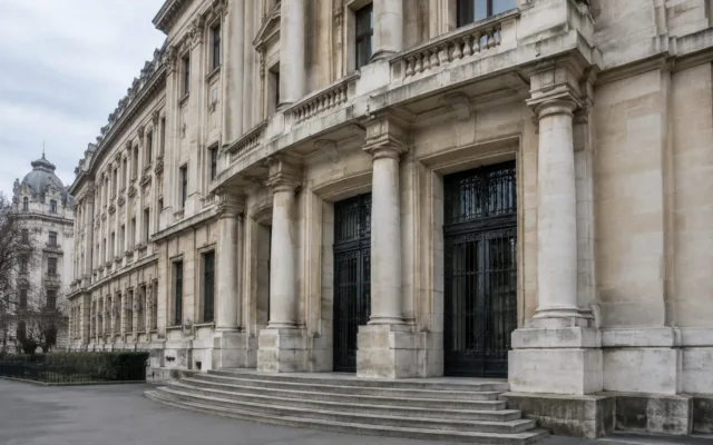Intrarea principală în sediul unei instituții publice din centrul capitalei