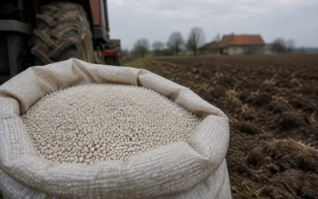 Sac cu îngrășăminte pe un câmp