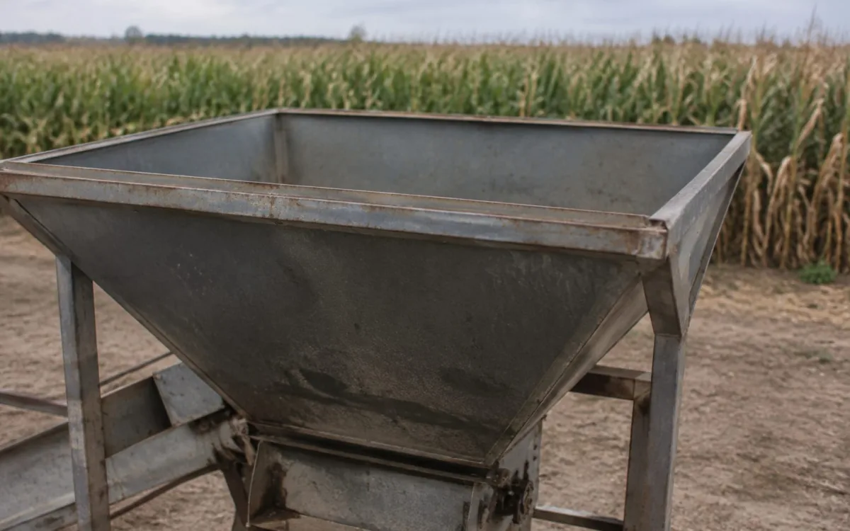 Utilaj agricol lăsat în fața unei culturi de porumb uscat