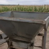 Utilaj agricol lăsat în fața unei culturi de porumb uscat