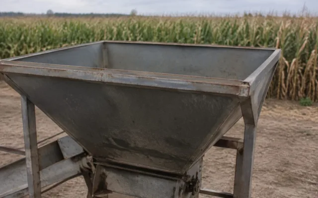 Utilaj agricol lăsat în fața unei culturi de porumb uscat