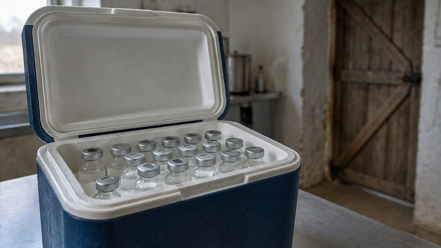 Flacoane de vaccin în lada frigorifică