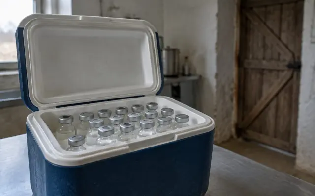 Flacoane de vaccin în lada frigorifică